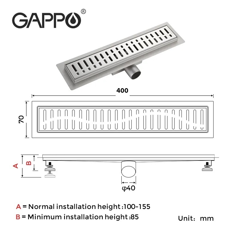 Трап лінійний для душу GAPPO 400мм із сухим затвором сатин G84007-3
