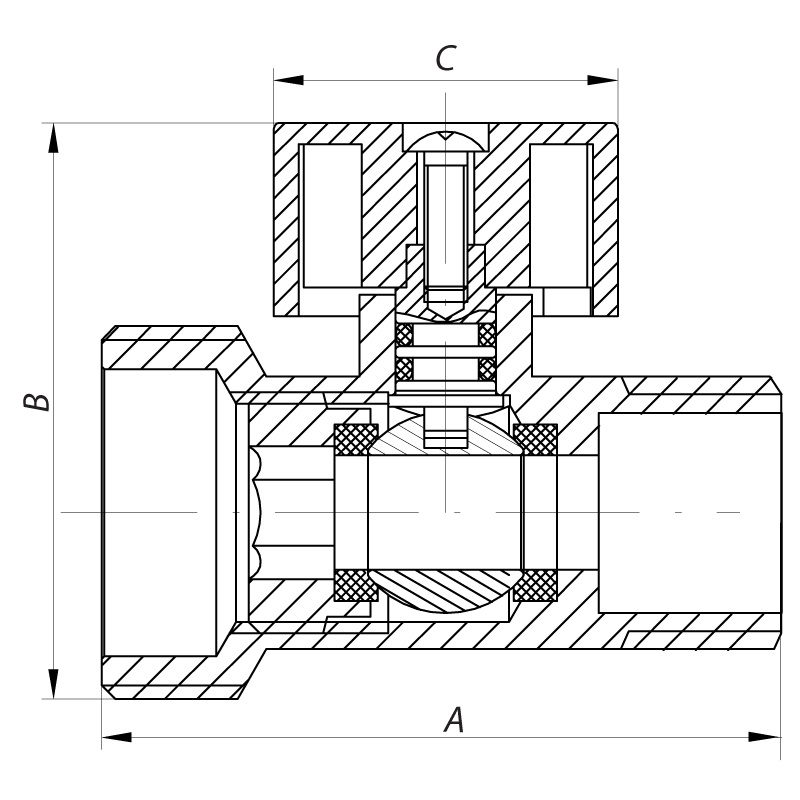 Кран кульовий подвійний побутовий KOER KR.515 кутовий 1/2"х3/4"х1/2" вн-зв-зв KR0103