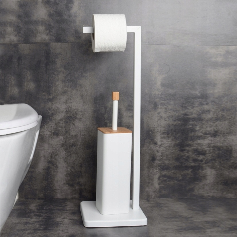Ершик для унитаза напольный с держателем туалетной бумаги YOKA прямоугольный из нержавеющей стали белый PD.SAKI-WHT