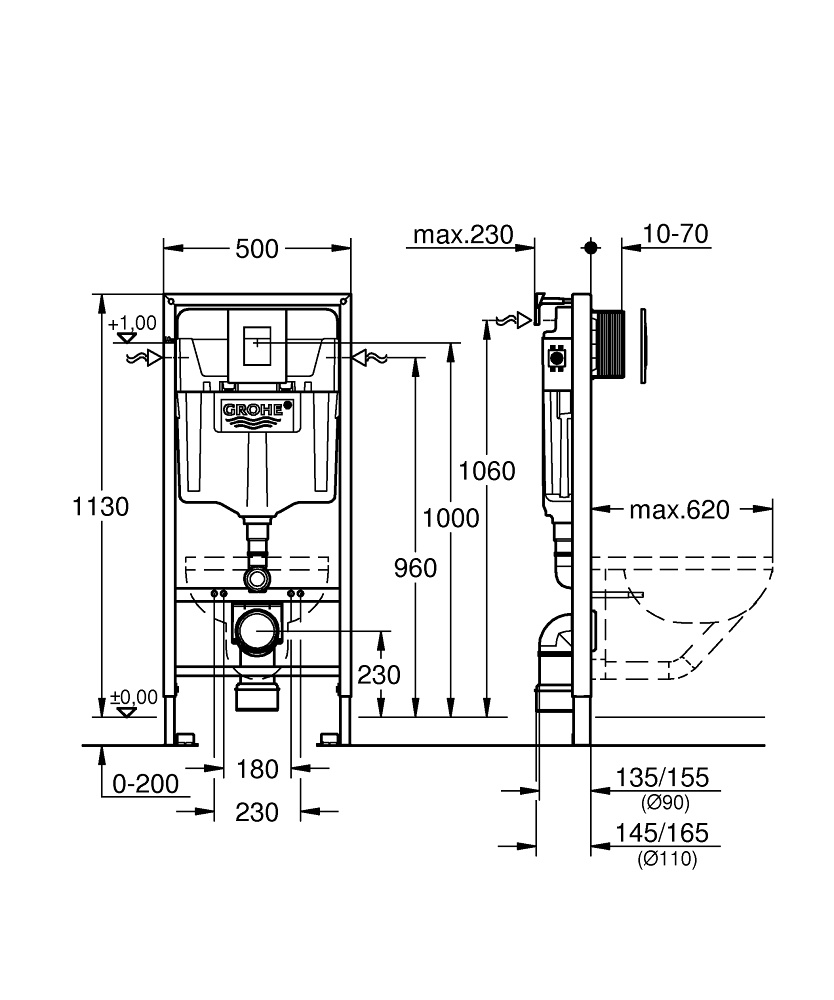 Комплект инсталляции GROHE Rapid SL кнопка хром безободковый унитаз DURAVIT с крышкой микролифт дюропласт 45620900A1+38772001+37131000