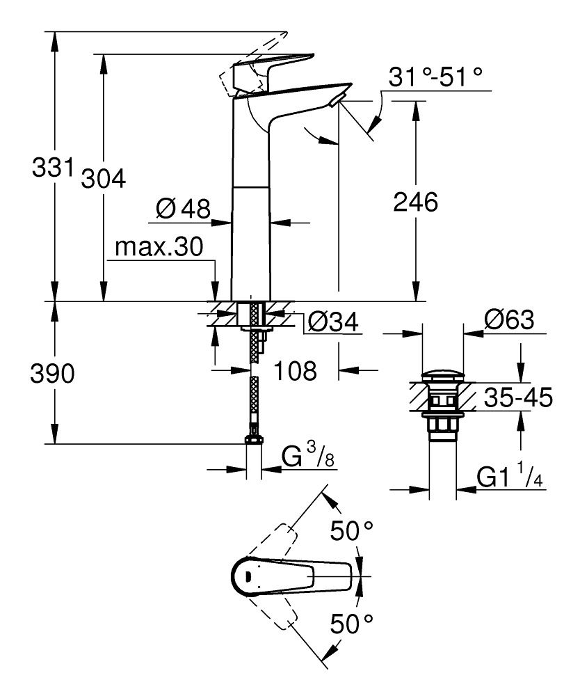 Змішувач для умивальника із високим виливом GROHE StartEdge хром латунь з донним клапаном 23777001