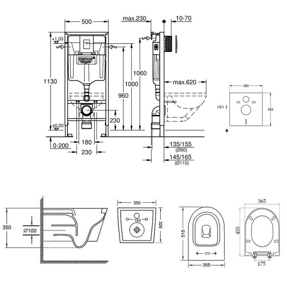 Комплект инсталляции GROHE Rapid SL кнопка хром безободковый унитаз Q-TAP с крышкой микролифт дюропласт 38772001QT16335178W