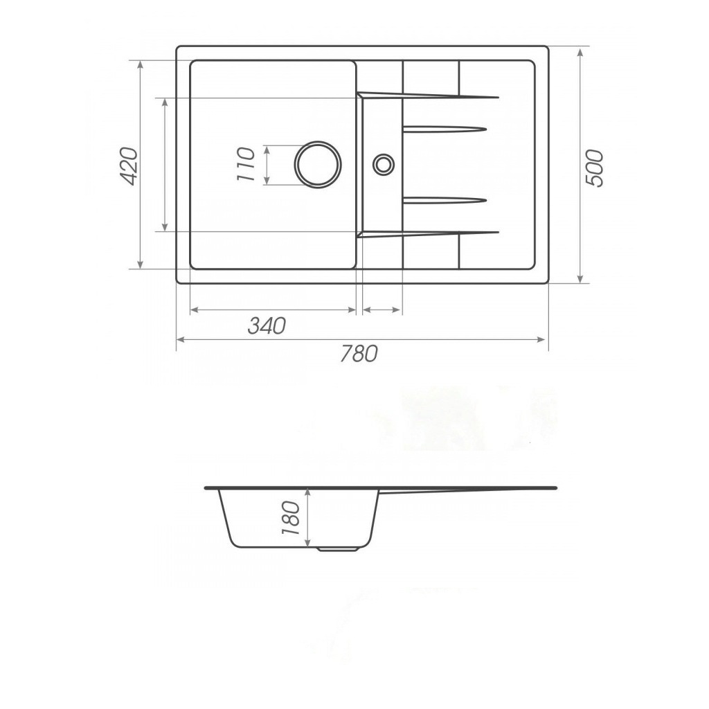 Мойка для кухни гранитная прямоугольная PLATINUM 7850 TROYA 780x500x180мм без сифона черная PLS-A24777