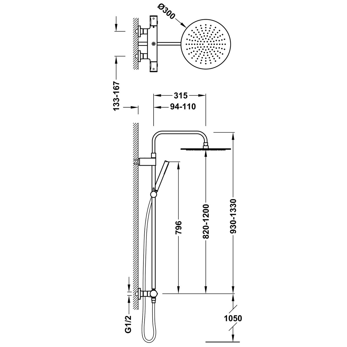 Душова система із термостатом TRES OWER-WALL із верхнім душем латунна хром 19039302