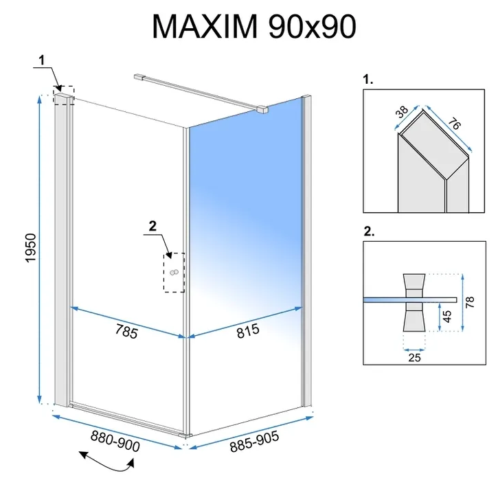 Кабина для душа квадратная угловая правая без поддона REA MAXIM 90x90x195см прозрачное стекло 6мм профиль хром REA-K0267