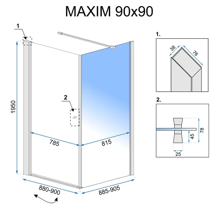 Кабіна для душу REA квадратна права без піддону MAXIM 90x90x195см прозорий вітраж 6мм профіль хром REA-K0267