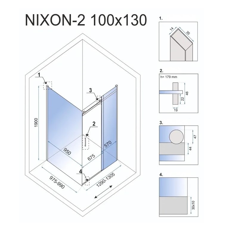 Кабина для душа прямоугольная угловая правая без поддона REA NIXON 100x130x190см прозрачное стекло 8мм профиль хром REA-K5014 + REA-K5005
