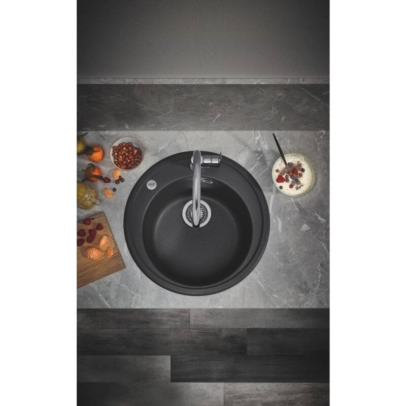 Мийка на кухню зі штучного каміння кругла GROHE 510мм x 510мм чорний із сифоном 31656AP0