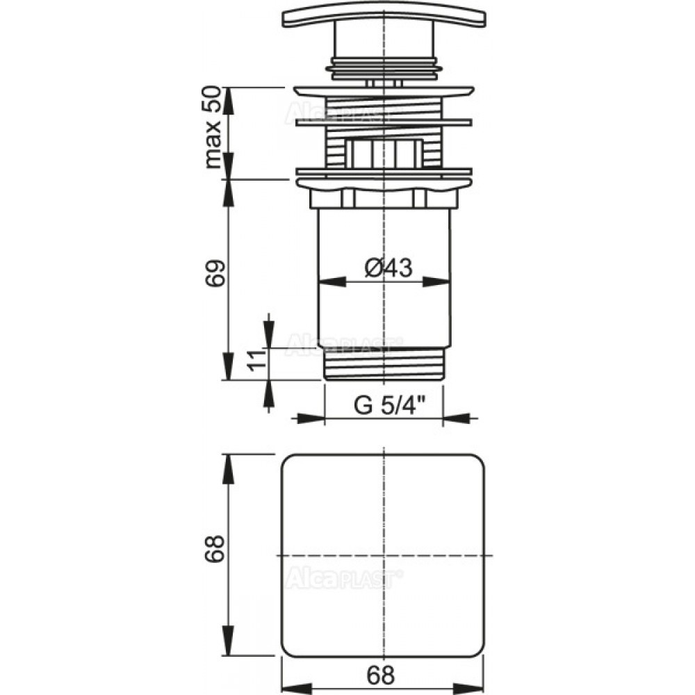 Донний клапан натискний для раковини ALCAPLAST із переливом латунь прямокутний 1 1/4" глянцевий хром A393