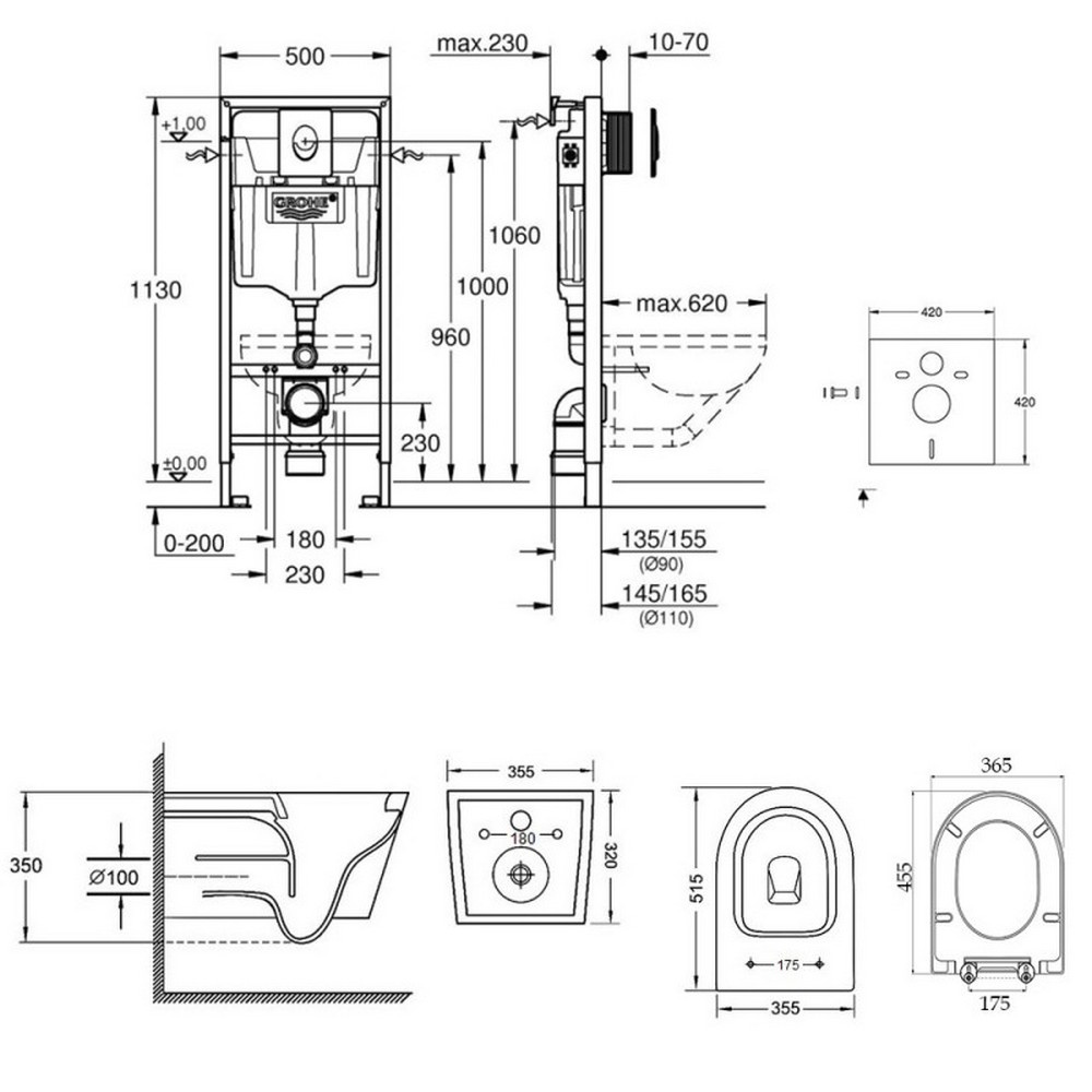 Комплект инсталляции GROHE Rapid SL кнопка белая безободковый унитаз Q-TAP с крышкой микролифт дюропласт 38722001QT16335178W