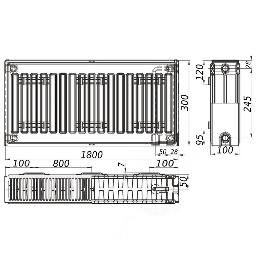 Стальной панельный радиатор отопления KALITE 300x1800 мм нижнее подключение класс 22 000022640