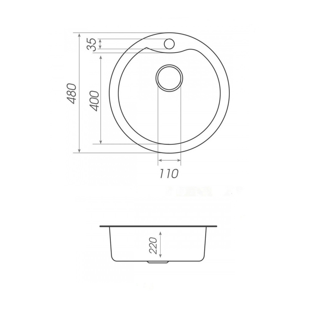 Мийка для кухні гранітна кругла PLATINUM 480 TURAS 480x480x220мм без сифону сіра PLS-A39261
