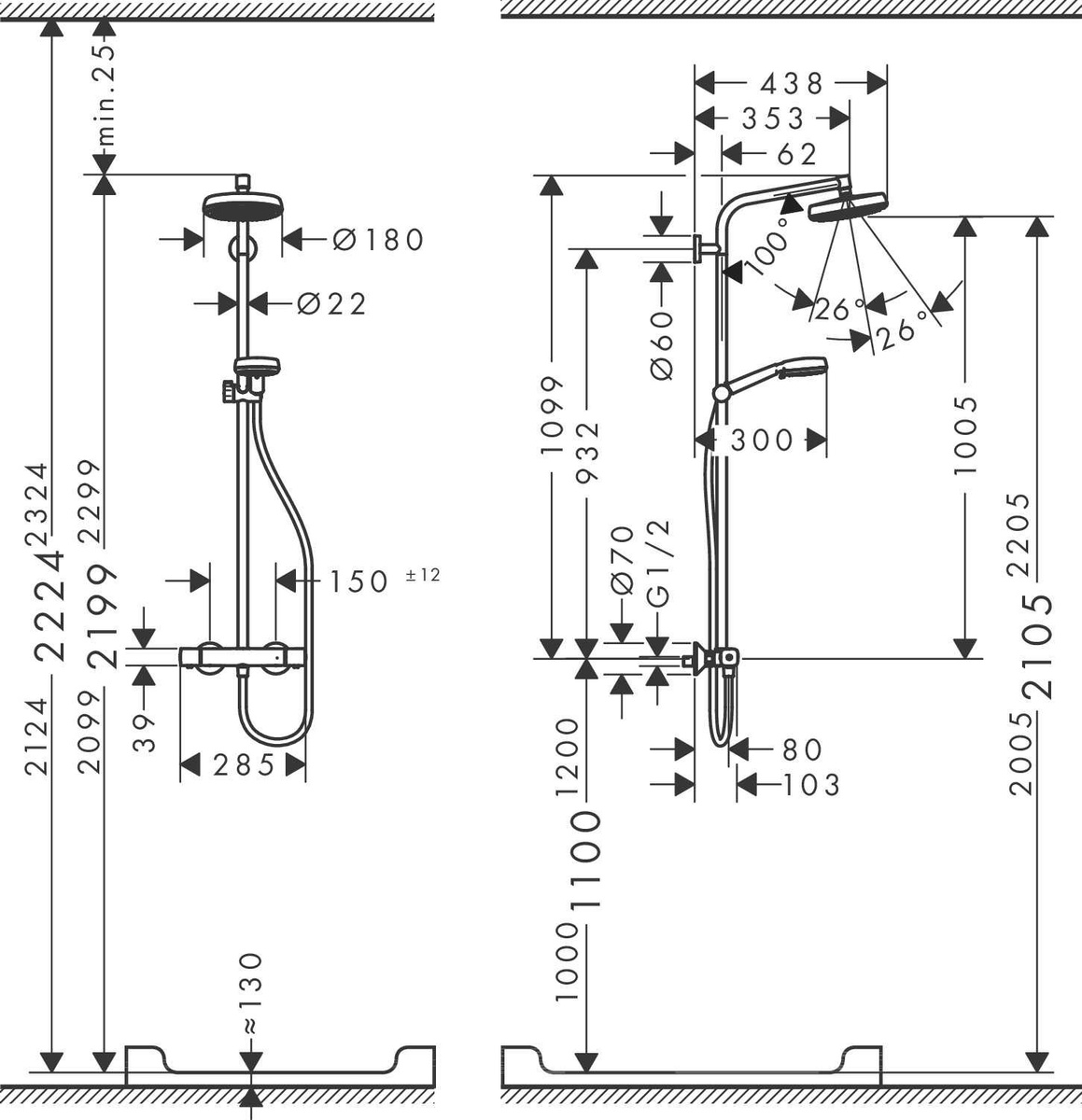 Душевая система с термостатом HANSGROHE CROMETTA 160 с верхним душем латунная хром 27264400