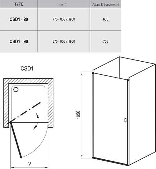Двері скляні для душової ніші універсальні розпашні RAVAK CHROME CSD1-90 195x90см прозоре скло 6мм профіль сатин 0QV70U00Z1