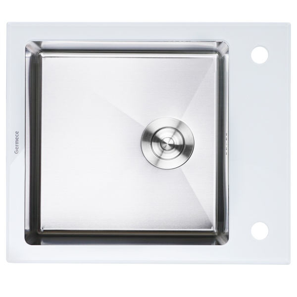Мийка для кухні із нержавіючої сталі прямокутна PLATINUM Germece Handmade White Glass 600x510x200мм глянцева 1мм біла/хром із сифоном PLS-A28504