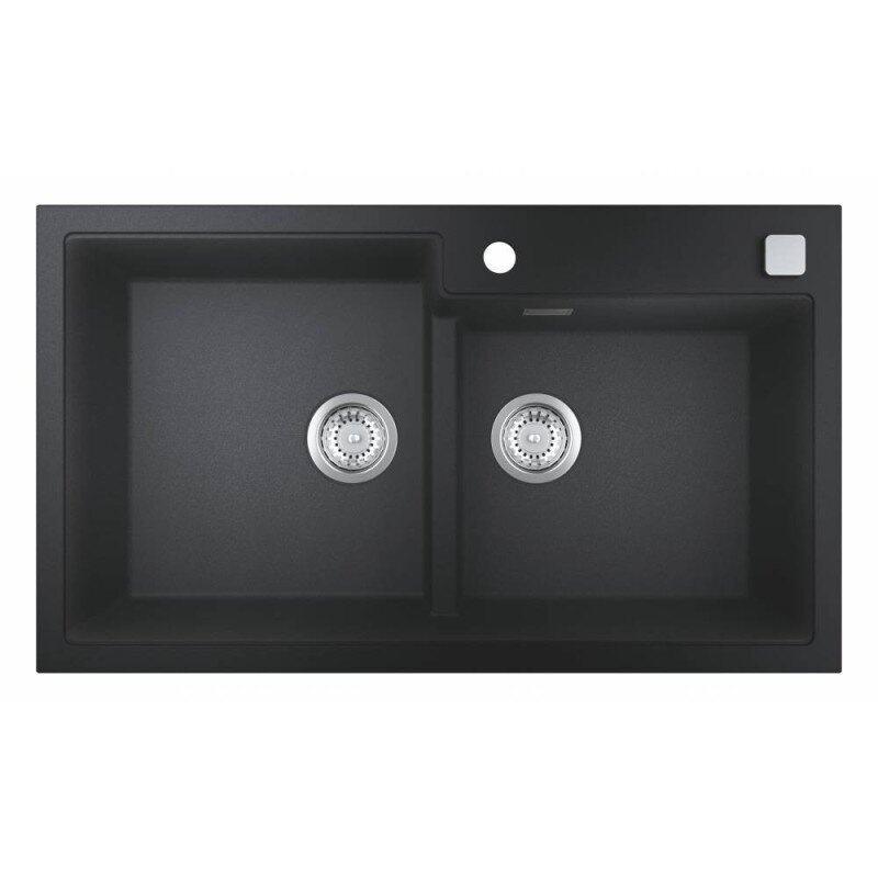 Кухонная мойка керамогранитная прямоугольная GROHE 860мм x 500мм черный на две чаши с сифоном 31649AP0