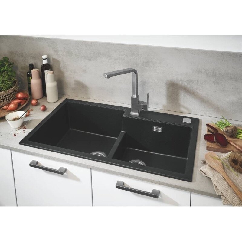 Кухонна мийка керамогранітна прямокутна GROHE 860мм x 500мм чорний на дві чаші із сифоном 31649AP0