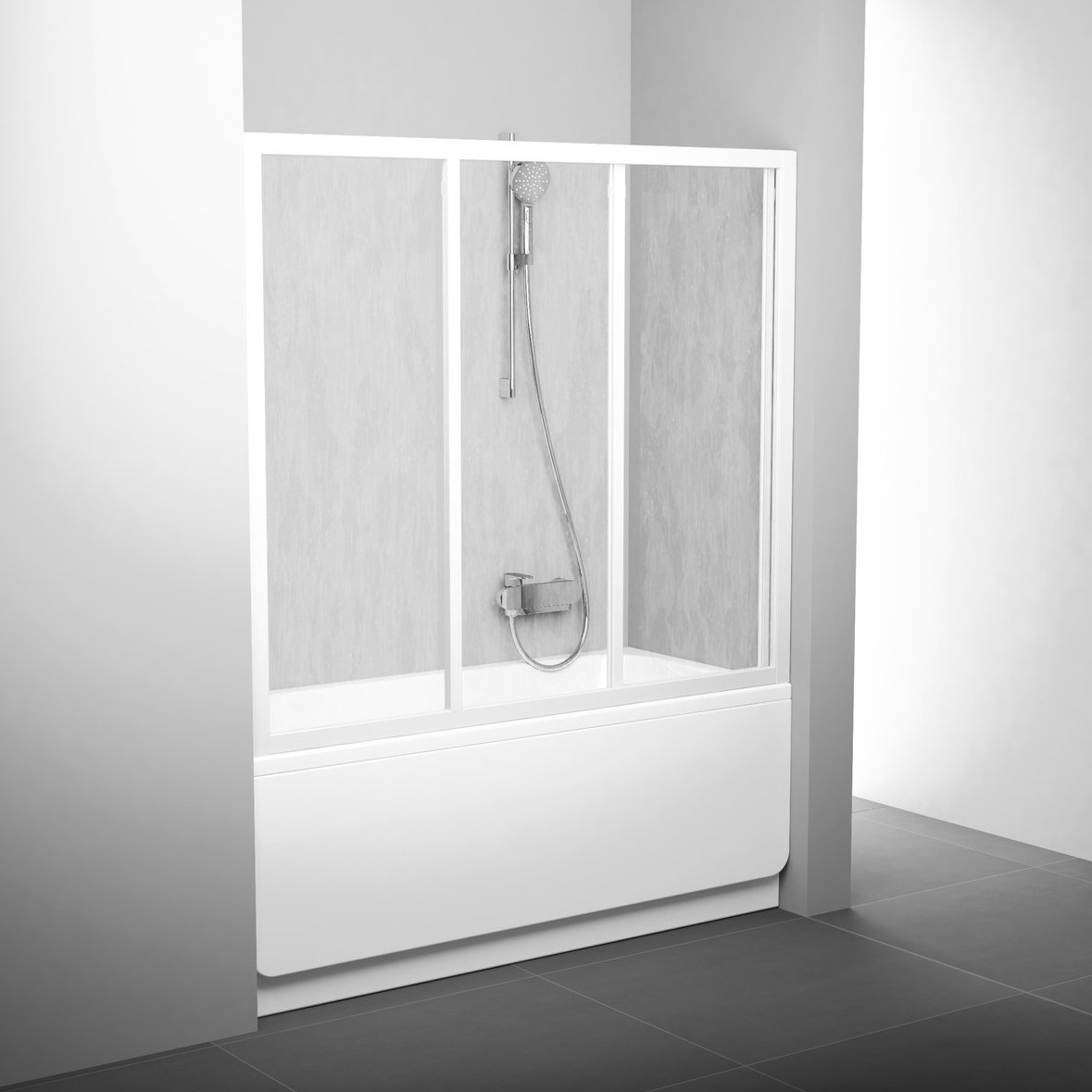 Шторка стеклянная для ванны универсальная трехсекционная раздвижная 137x120см RAVAK AVDP3-120 стекло матовое 3мм профиль белый 40VG0102ZG