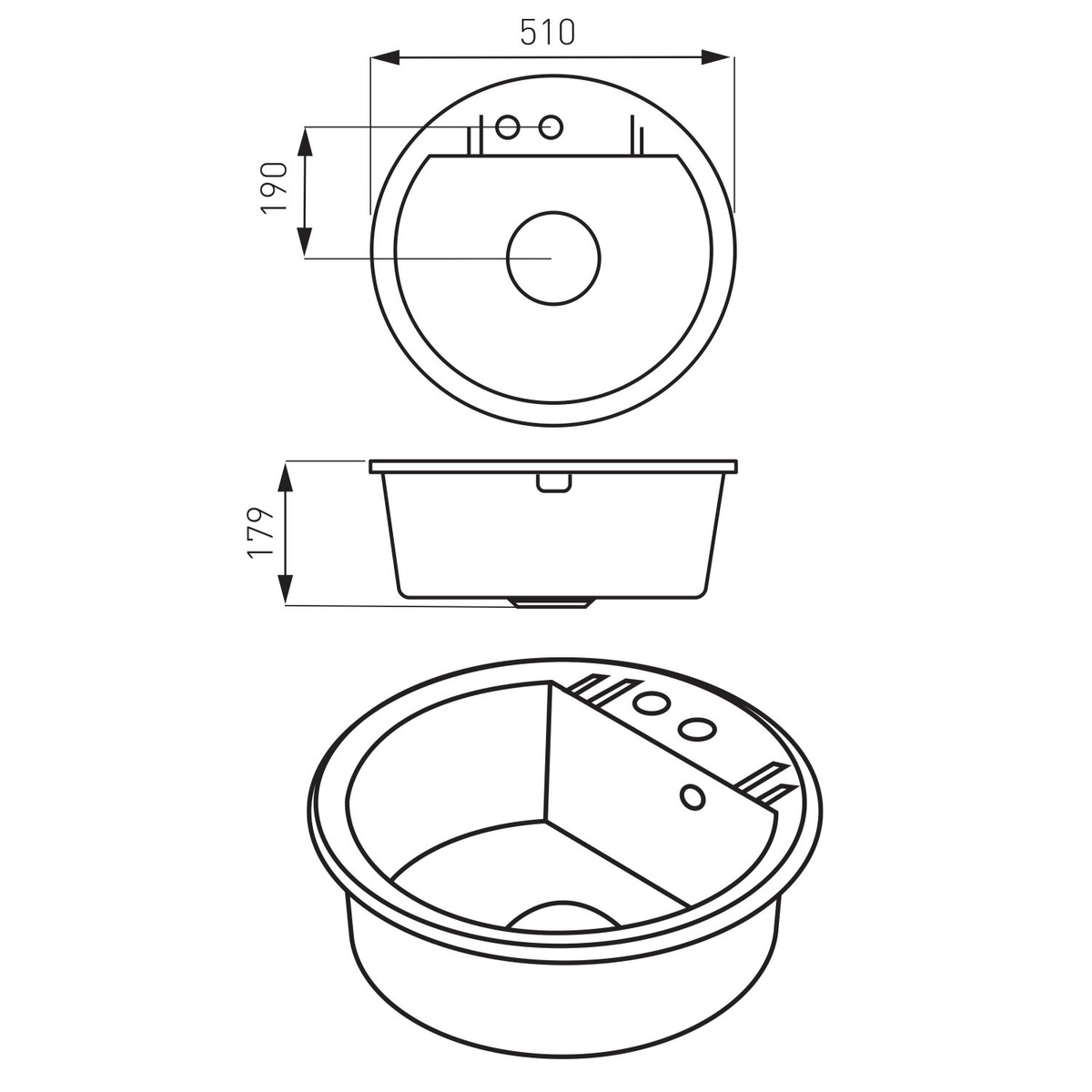 Мийка для кухні гранітна кругла FERRO Mezzo II 510x510x179мм із сифоном сіра DRGM1/51BA