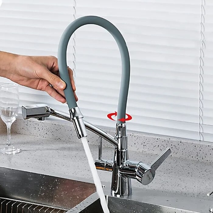 Змішувач на кухню з гнучким виливом та краном для фільтрованої води GAPPO сірий/хром латунь G4398-17