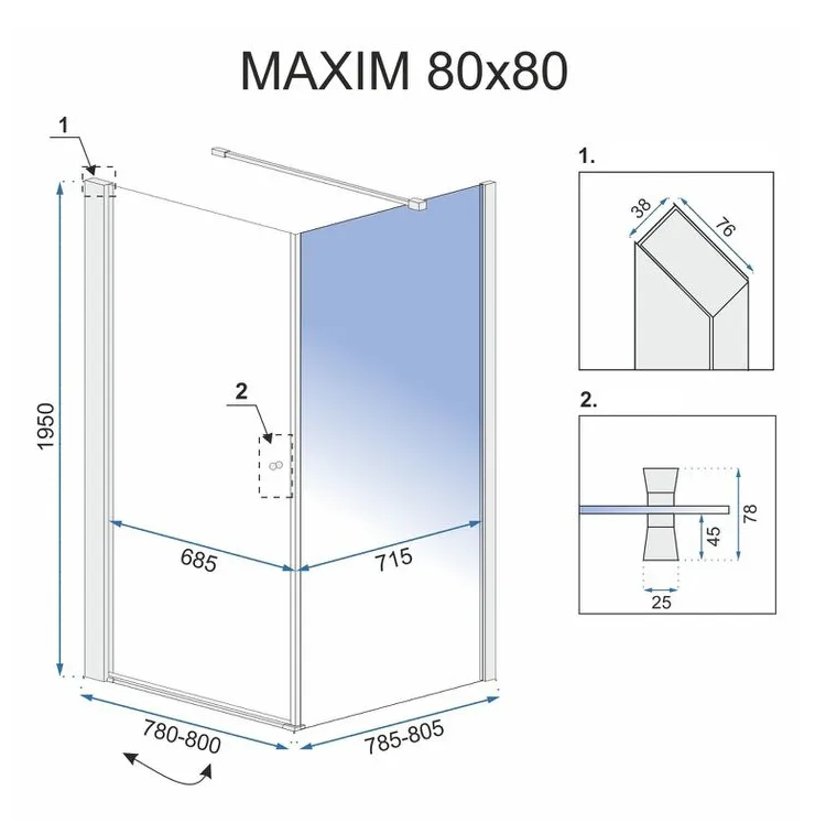 Кабина для душа квадратная угловая правая без поддона REA MAXIM 80x80x195см прозрачное стекло 6мм профиль хром REA-K0268