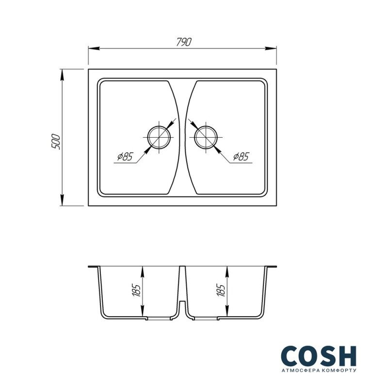 Кухонная мойка керамогранитная прямоугольная COSH 790мм x 500мм серый на две чаши с сифоном COSH7950K210