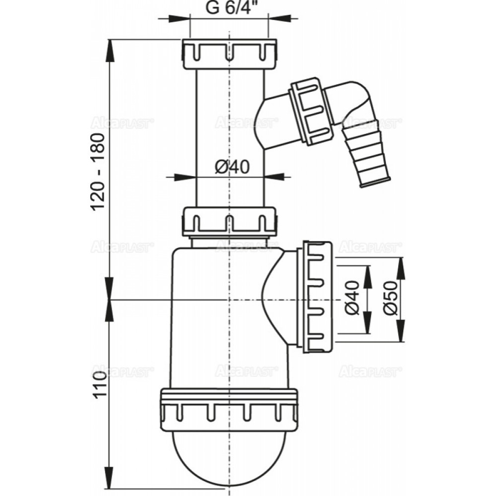 Сифон для кухонной мойки ALCAPLAST впуск 1 1/2" выпуск горизонтальный белый A443P-DN50/40