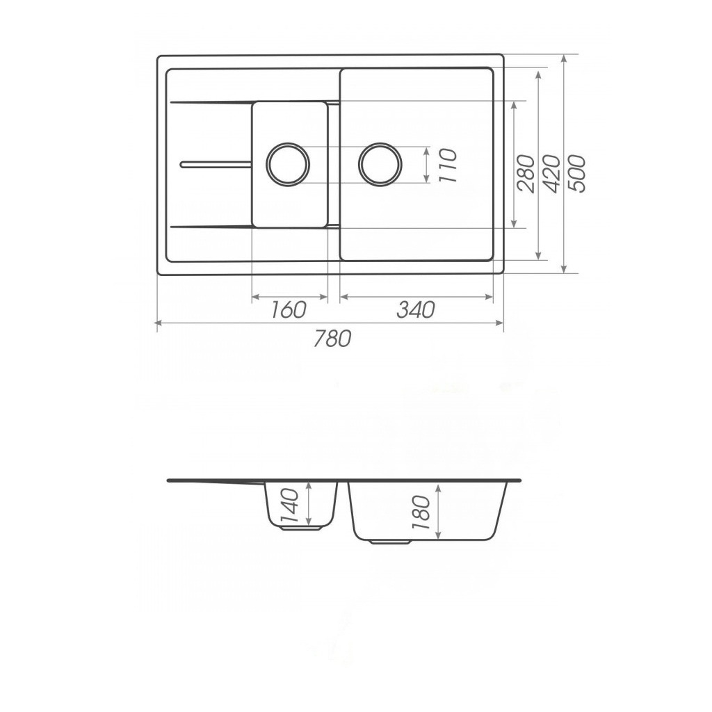 Мойка для кухни гранитная прямоугольная PLATINUM 7850W KESSAN 780x500x180мм без сифона на полторы чаши серая PLS-A24992
