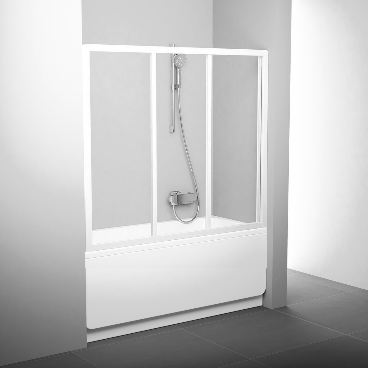 Шторка скляна для ванної універсальна три секції розсувна 137x120см RAVAK AVDP3-120 скло прозоре 3мм профіль білий 40VG0102Z1