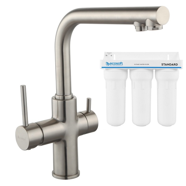 Набір змішувач для кухні одноважільний з краном для фільтрованої води та 3-ступінчаста система очищення води Ecosoft Standart IMPRESE DAICY сатин латунь 55009S-F+FMV3ECOSTD