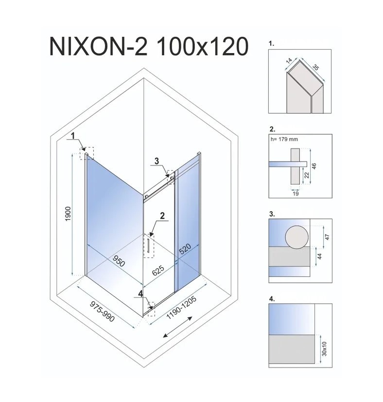 Кабіна для душу прямокутна кутова права без піддону REA NIXON 100x120x190см прозоре скло 8мм профіль хром REA-K5014 + REA-K5003