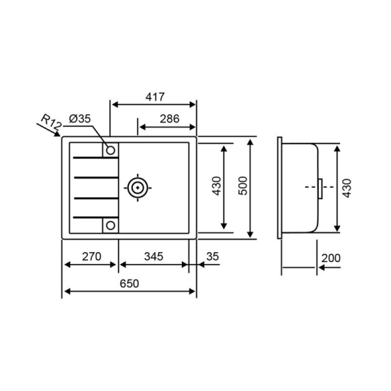 Кухонная мойка керамогранитная прямоугольная LIDZ GRA-09 500мм x 650мм серый без сифона LIDZGRA09650500200