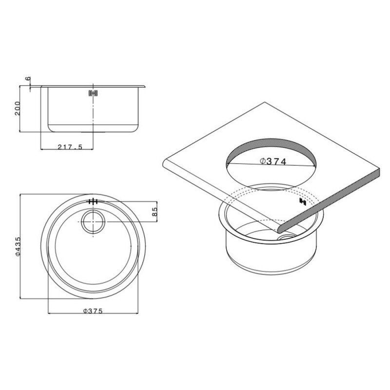 Мийка на кухню металева кругла APELL 435мм x 435мм матова 0.7мм без сифону врізна під стільницю FE435UBC