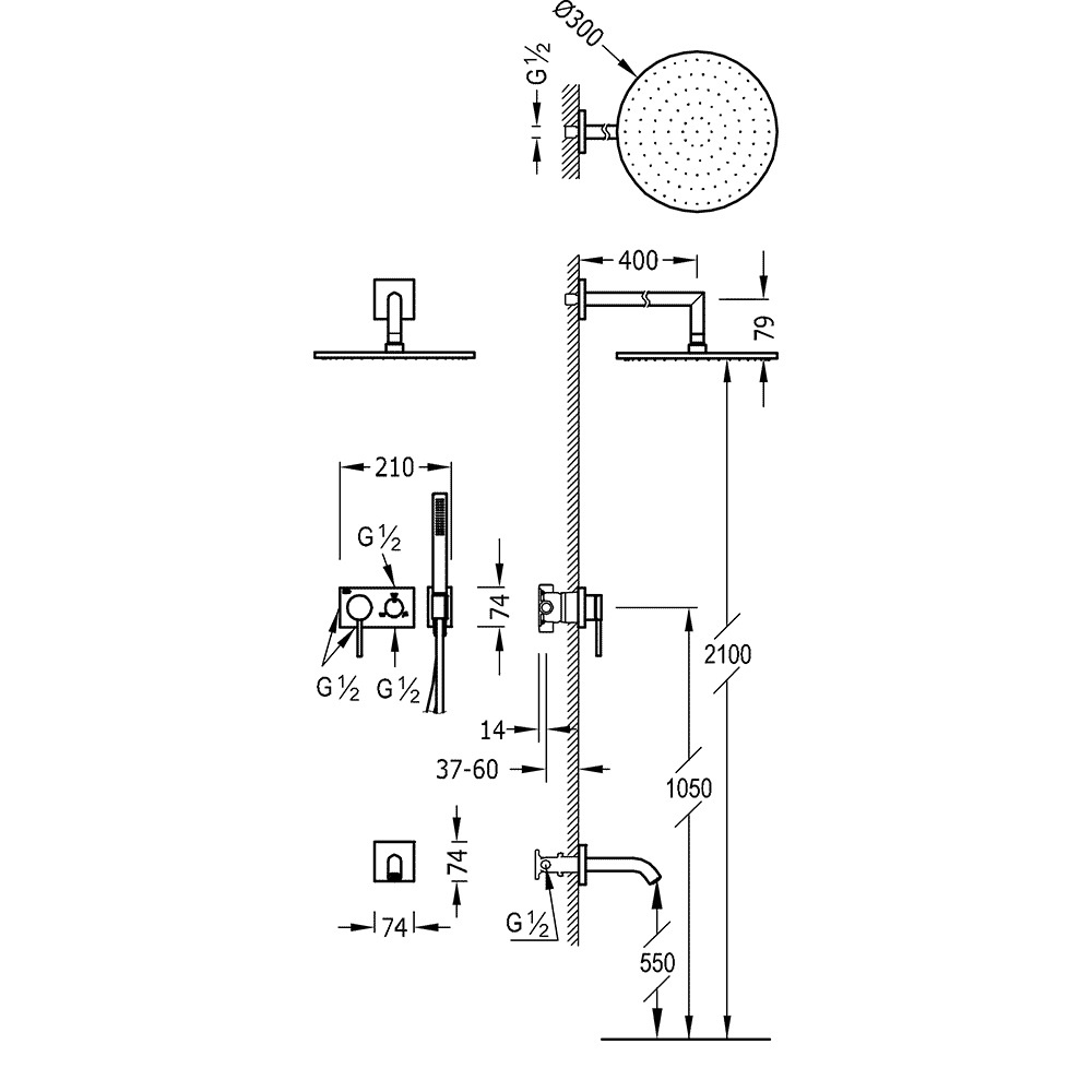 Душевая система скрытого монтажа TRES 3V с верхним душем и изливом латунная хром 21027313