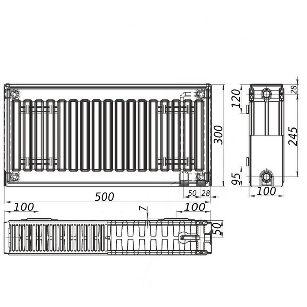 Сталевий панельний радіатор опалення KALITE 300x500 мм нижнє підключення клас 22 000024200