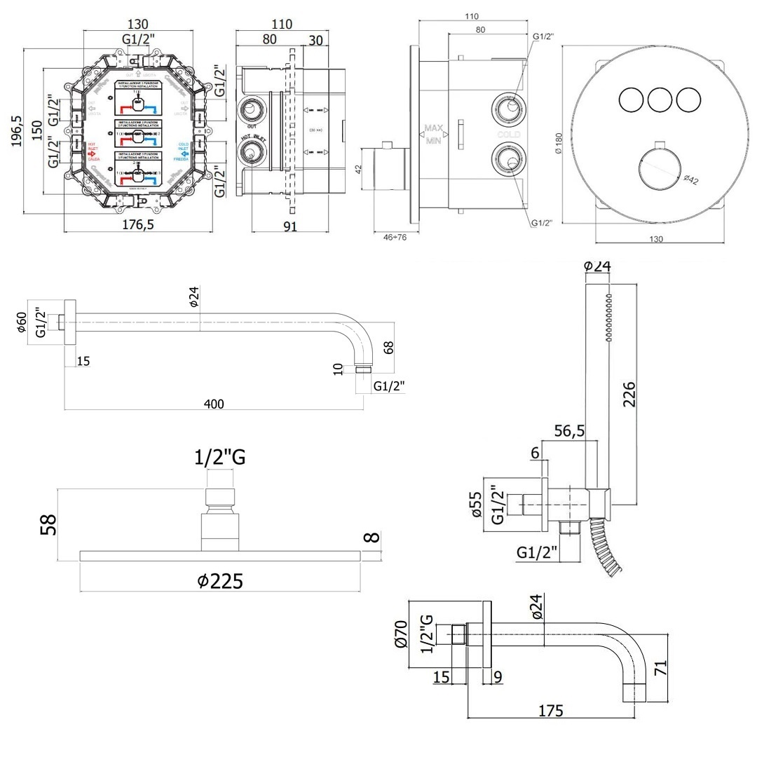 Душова система прихованого монтажу PAFFONI Kit Compact-T Tondo B Nero із верхнім душем та виливом латунна чорна