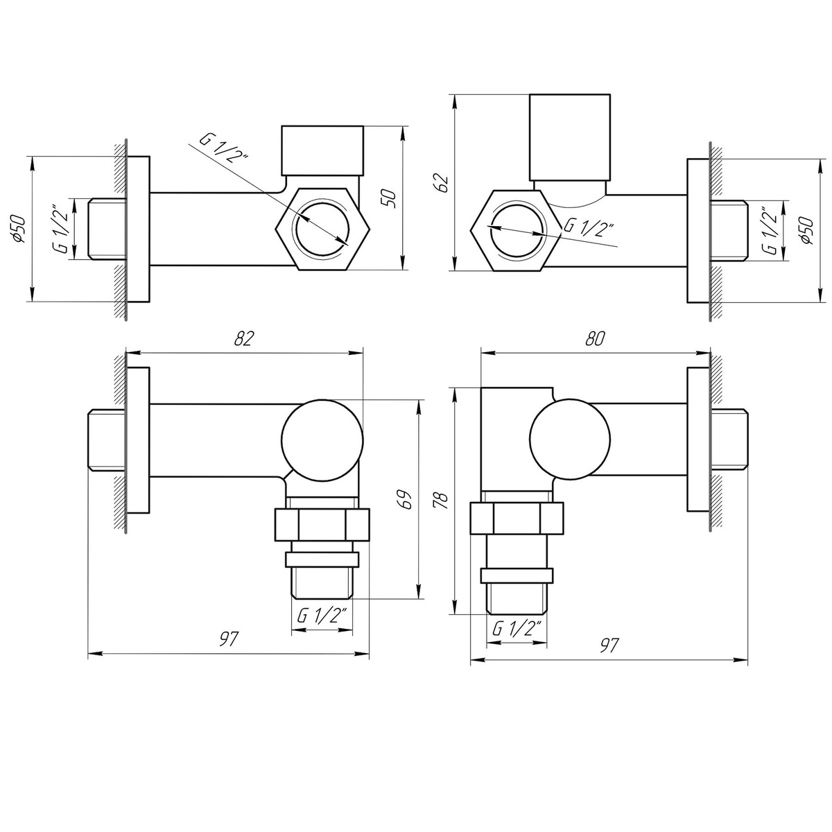 Кран кульовий побутовий SOLOMON LUX TEN CHROM 7777 кутовий 1/2" зв-зв 000018575