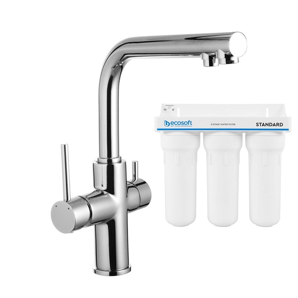 Набір змішувач для кухні одноважільний з краном для фільтрованої води та 3-ступінчаста система очищення води Ecosoft Standart IMPRESE DAICY хром латунь 55009-F+FMV3ECOSTD
