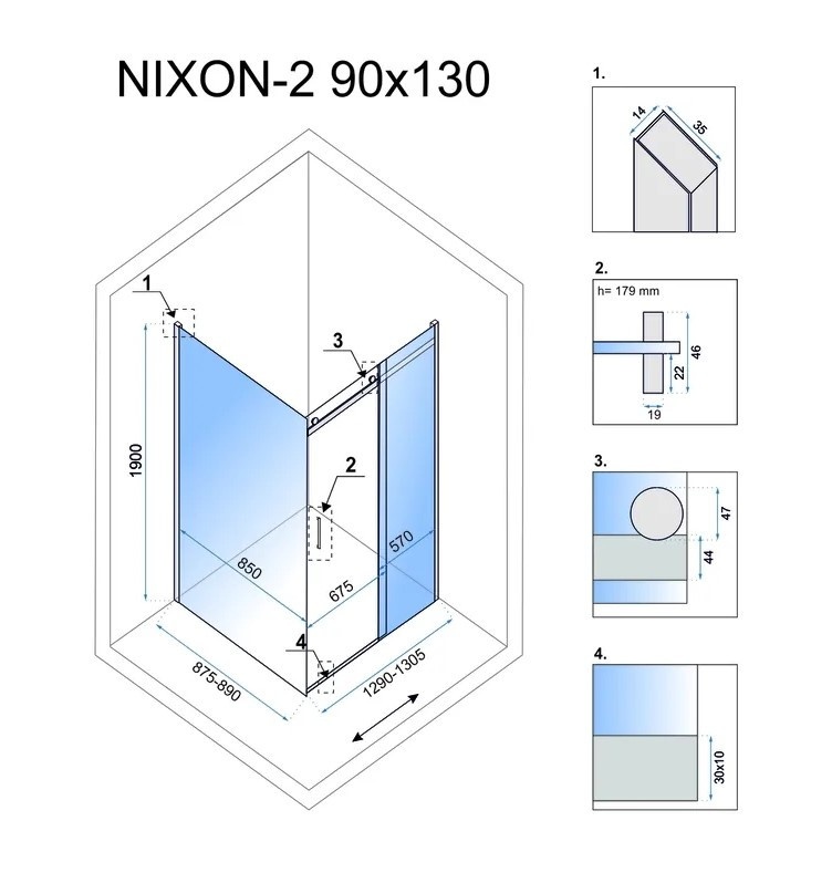 Кабина для душа прямоугольная угловая правая без поддона REA NIXON 90x130x190см прозрачное стекло 8мм профиль хром REA-K5011 + REA-K5005