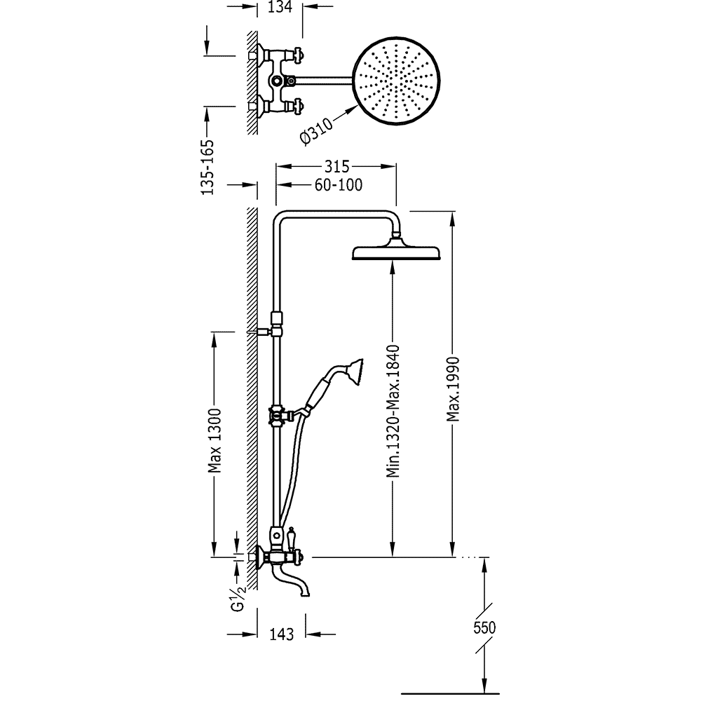 Душова система TRES RETRO із верхнім душем та виливом латунна бронза 524290701