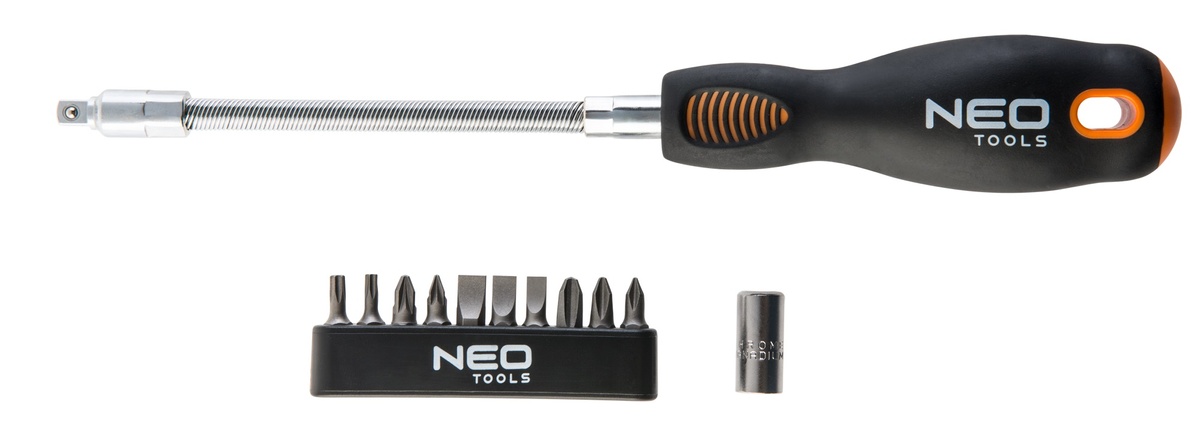 Отвертка Neo Tools битодержатель с гибким стержнем 1/4", переходник, 10 бит, SL, PH, PZ, Torx