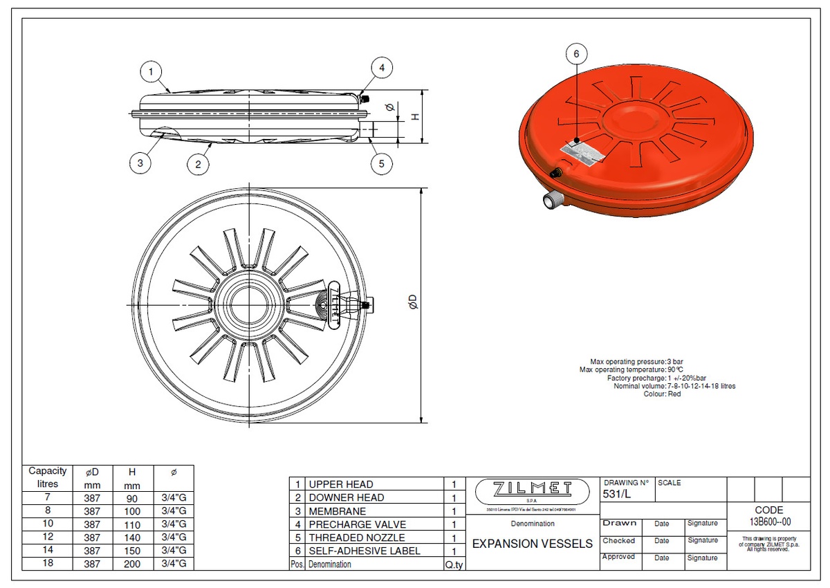 Расширительный бак плоский рифлёный для монтажа в котлы ZILMET OEM-PRO 531 (13B6001400) 14 л 3/4" 000006174