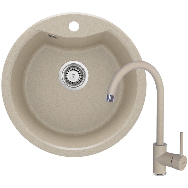 Мийка для кухні гранітна кругла DEANTE Solis&Nemezja 480x480x194мм із сифоном із комплектом бежева ZRSB7803