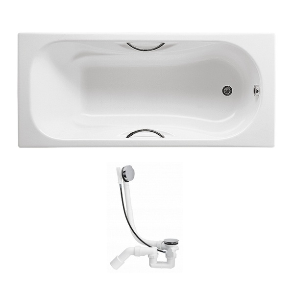 Ванна чугунная металлическая прямоугольная ROCA MALIBU 170см x 75см оборачиваемая c ручками + VIEGA SIMPLEX сифон для ванны автомат 560мм A23097000R+285357