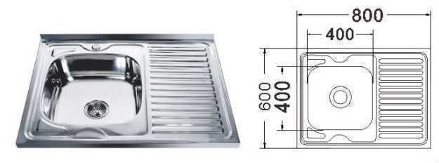 Кухонная мойка металлическая прямоугольная накладная MIRA 600мм x 800мм глянцевая 0.8мм с сифоном 000014543