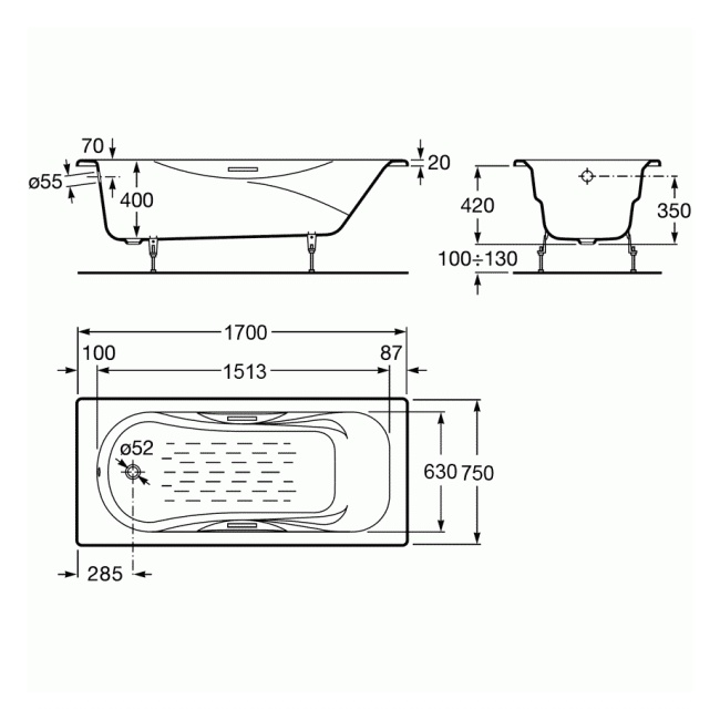 Ванна чугунная металлическая прямоугольная ROCA MALIBU 170см x 75см оборачиваемая c ручками + VIEGA SIMPLEX сифон для ванны автомат 560мм A23097000R+285357