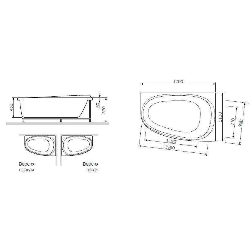 Каркас для ванни AM.PM Like R 170х110см нержавіюча сталь W80A-170R110W-R