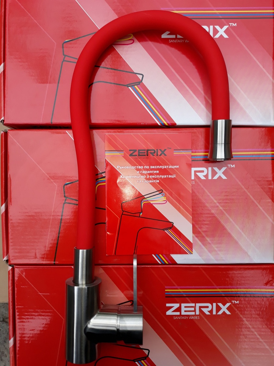 Змішувач для кухні одноважільний з гнучким виливом ZERIX LR74004-1 червоний нержавіюча сталь LL1476