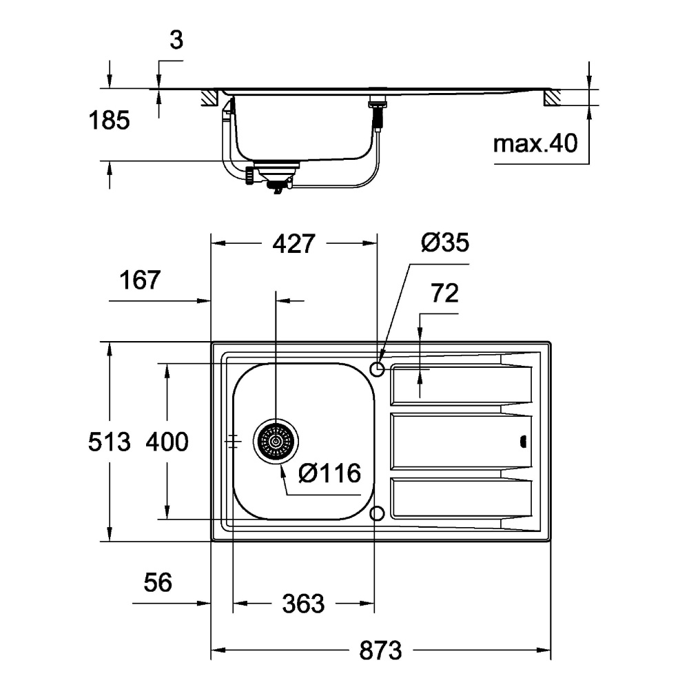 Мойка на кухню стальная прямоугольная GROHE 513мм x 873мм матовая 1мм с сифоном в комплекте 31570SD0+32663001 31570SD0