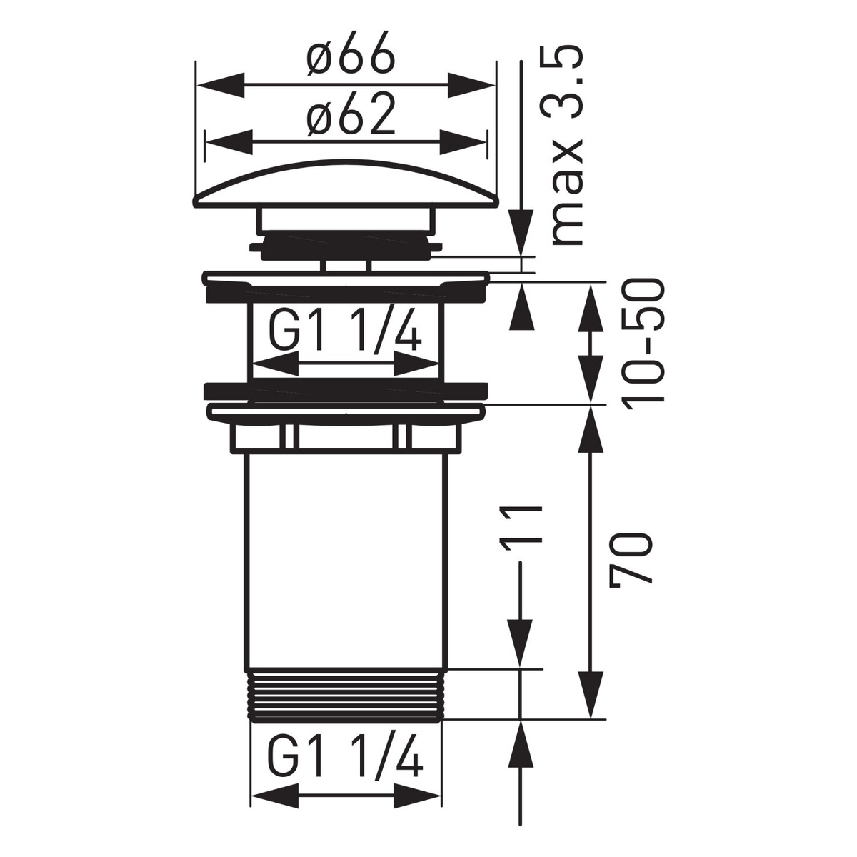 Донный клапан нажимной для раковины FERRO 66мм с переливом латунь 1 1/4" матовый черный S285-BL-B